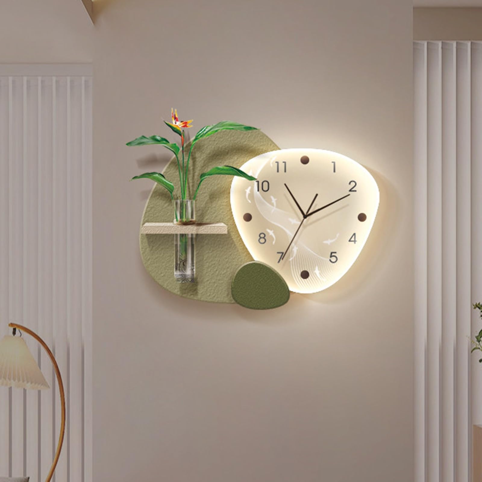 ITOSUI Modern Art Decor Clock with 3D Glass Vase,Stylish Creative Wall Art for Living Room,Silent Non-Ticking Decorative Wall Clocks,for Living Room Bedroom Dining Room(Green With Light,15.7x11.8in)
