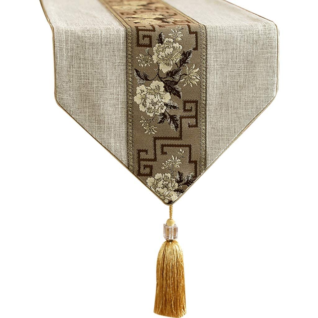 Long Table Runner Wedding, 100% Cotton Lining Table Scarf V-End Tassel Dresser Scarf with 3D Jacquard, Washable & Beige (Size : 33×280cm)