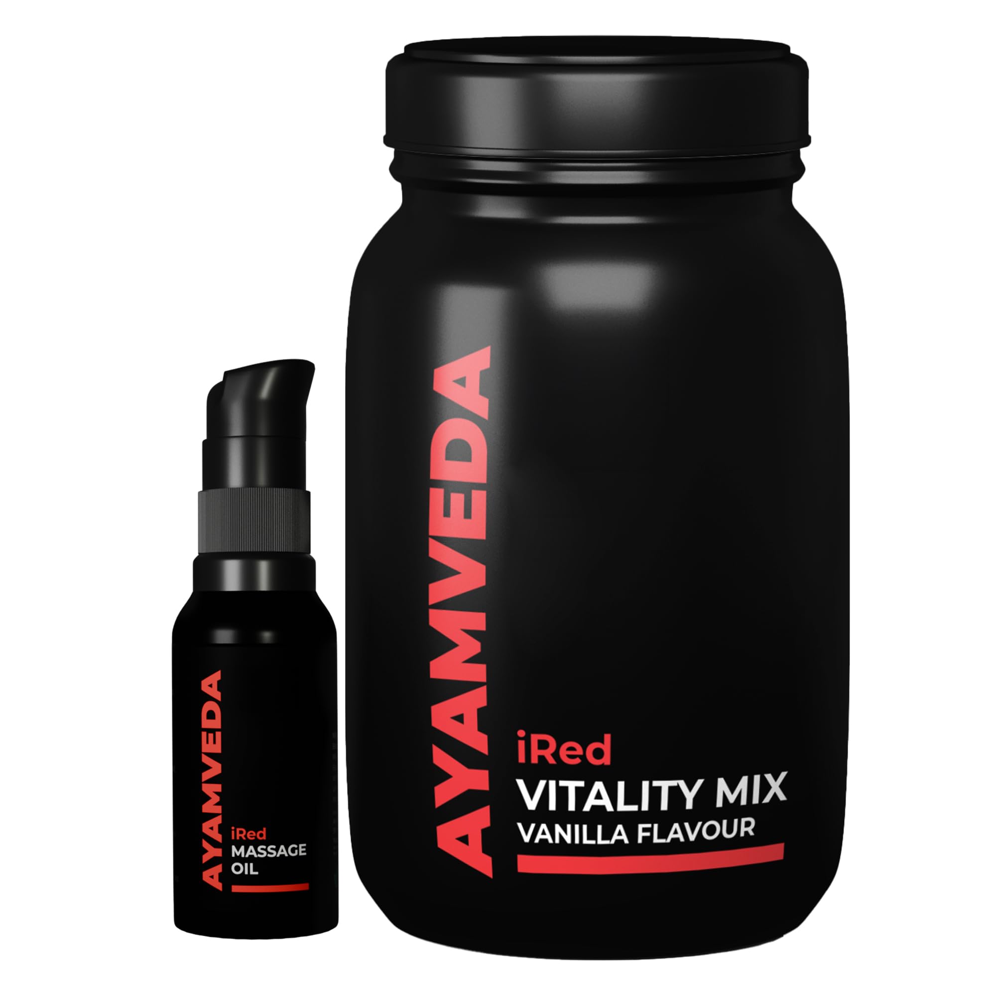 AyamVeda i-Red Combo Ayurvedic Massage Oil & Herbal Powder with Ashwagandha & Shilajit | 100% Natural | 30 ml Oil + 180 gram Powder Pack (1 Month Supply)