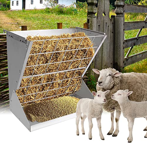 BREUAILY Großes Heuraufe für Schafe und Ziegen 2 In 1 Hay & Grain/Salt Feeder Hängende Futterraufe Schafe mit Futterspargitter und Verstellbaren Haken für Verschiedene Ställe und Korral (Silber)