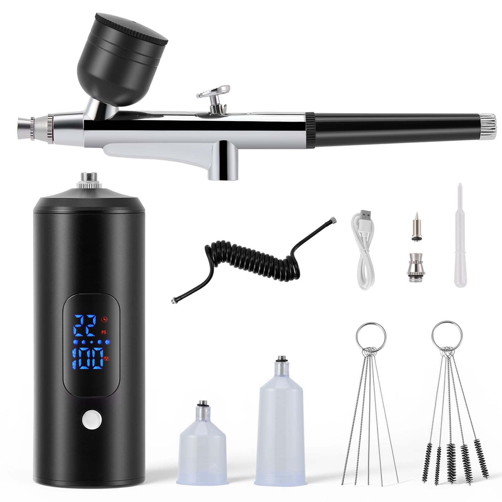 Kit Aérographe avec Compresseur, Totalement sans Fil avec Batterie, Aérographe à 3 Vitesses jusqu'à 38 PSI pour Gâteau, Ongles, Modélisme et Bodypainting (Noir)