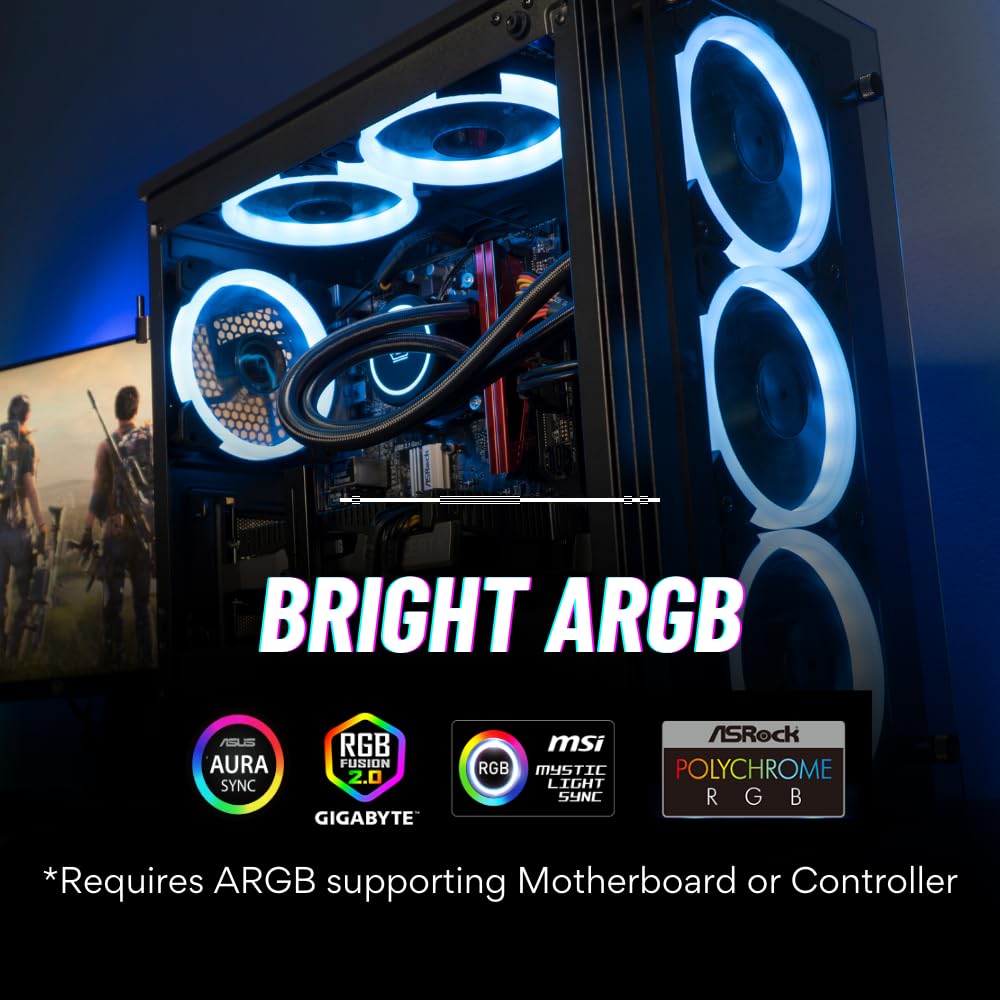 Empowered PC 5-Pack Halo High Performance Quiet ARGB CPU Cooling Fans (600-2000rpm PWM, Daisy-Chainable, 2.6mm H2O Pressure & 56CFM Airflow @36dBA, 3-Pin, 25 x 120mm, 3yr Warranty)