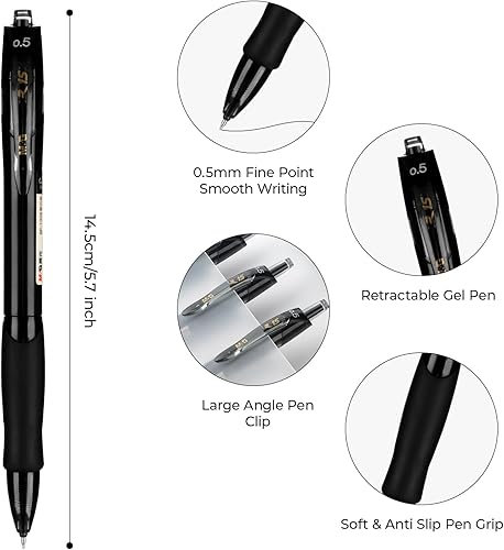 Miniatura 2 de M&G 5 bolígrafos de gel retráctiles de tinta negra de 0.020 in, bolígrafos de punta fina, bolígrafos de tinta de gel de secado rápido con tinta de