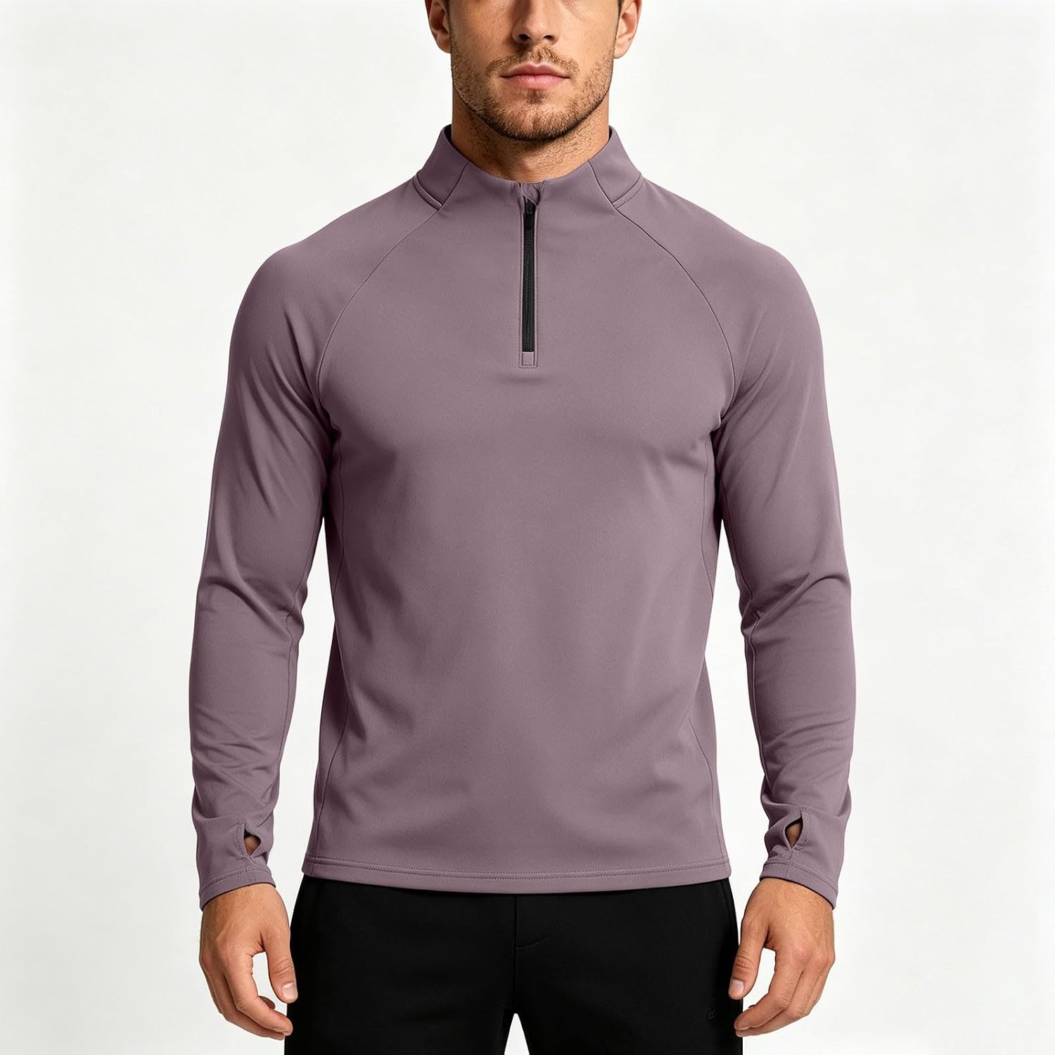Men Quarter Zip Athletic Shirt Long Sleeve Thumb Holes Stand Collar Top Stretchy Quick Dry Training Workout Blouses