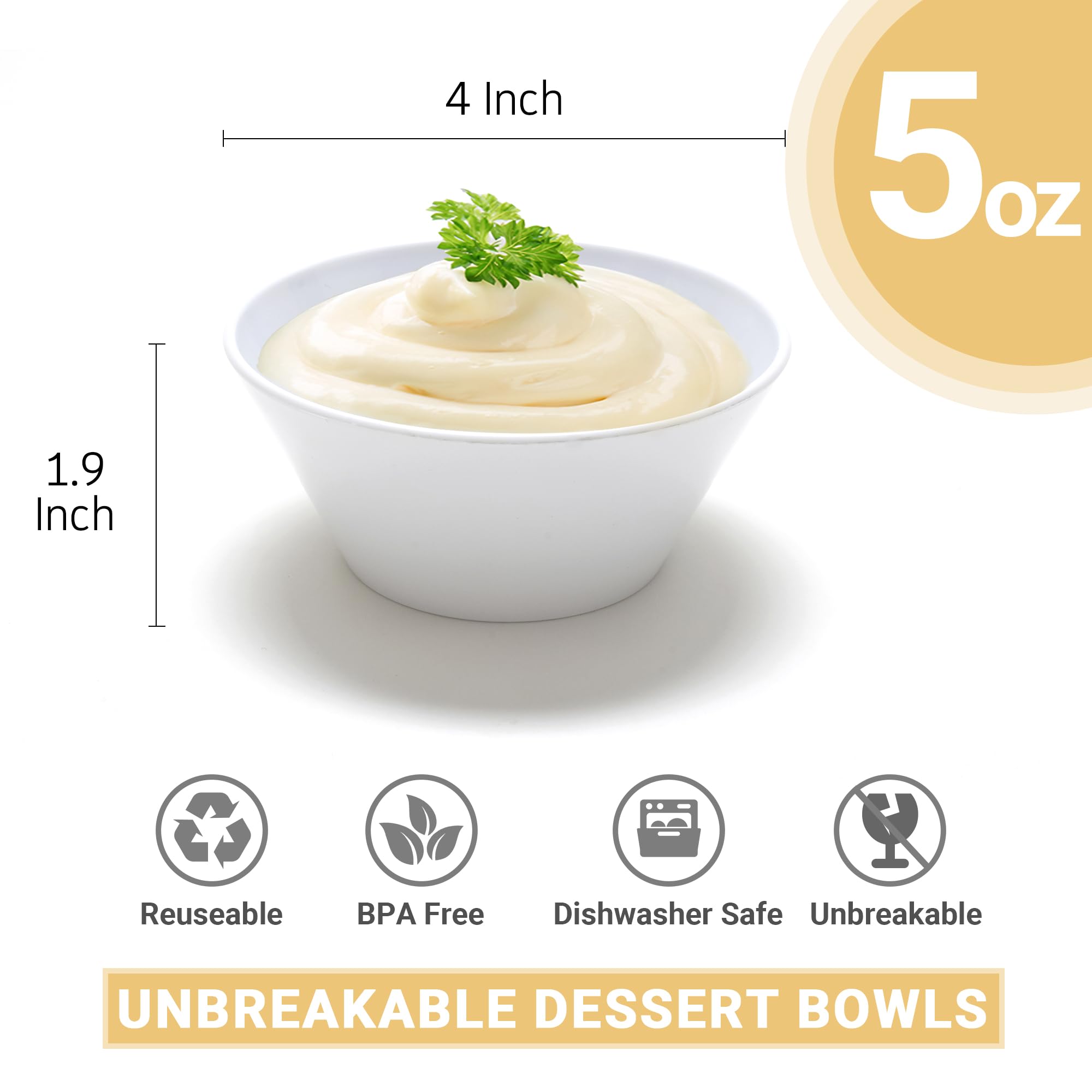 Juego de 25 cuencos de ensalada blancos irrompibles de 4 onzas, tazas reutilizables sin BPA, 4 cuencos de postre de 1.9 pulgadas para condimentos, rancho, ketchup, barbacoa, wasabi
