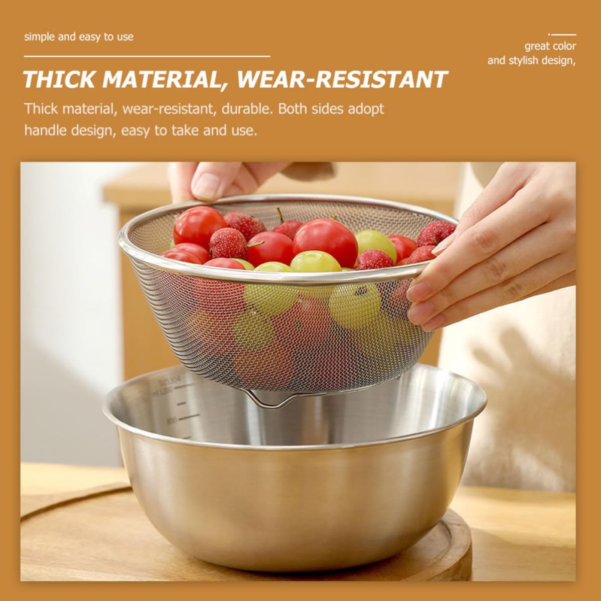 OSALADI Set 2 Pezzi Scolapasta e Ciotola in Acciaio Inox per Lavare Riso e Frutta, Fondo Piatto Stabile e Antiscivolo per Uso Domestico in Cucina
