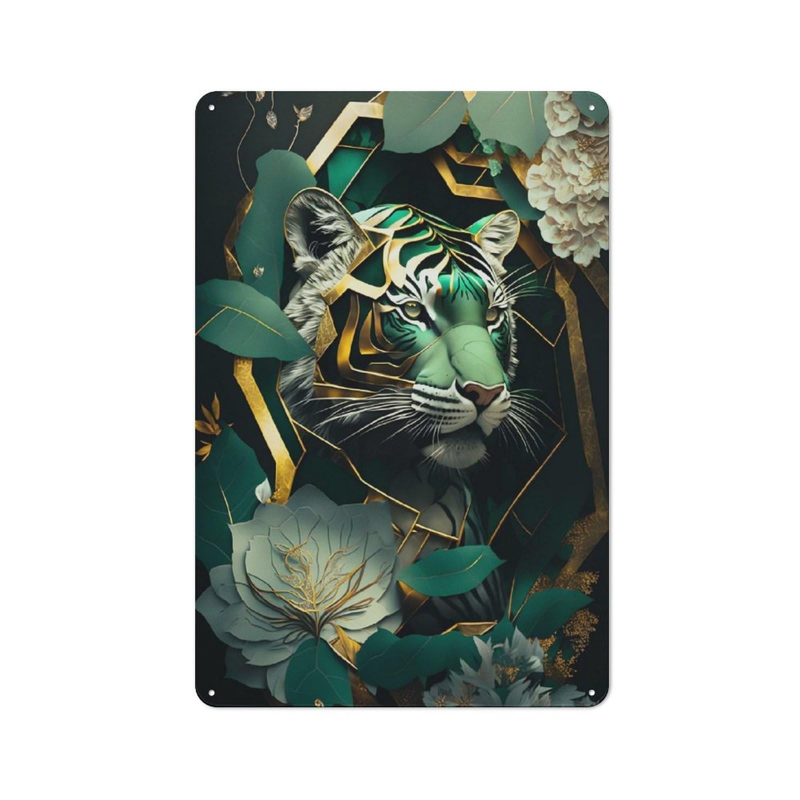 Abstract Gold Green Tiger Metal Wall Sign 30x20cm, Clean Industrial Loft Wall Plaque for Workspace, Cafe, Hallway Or Garage