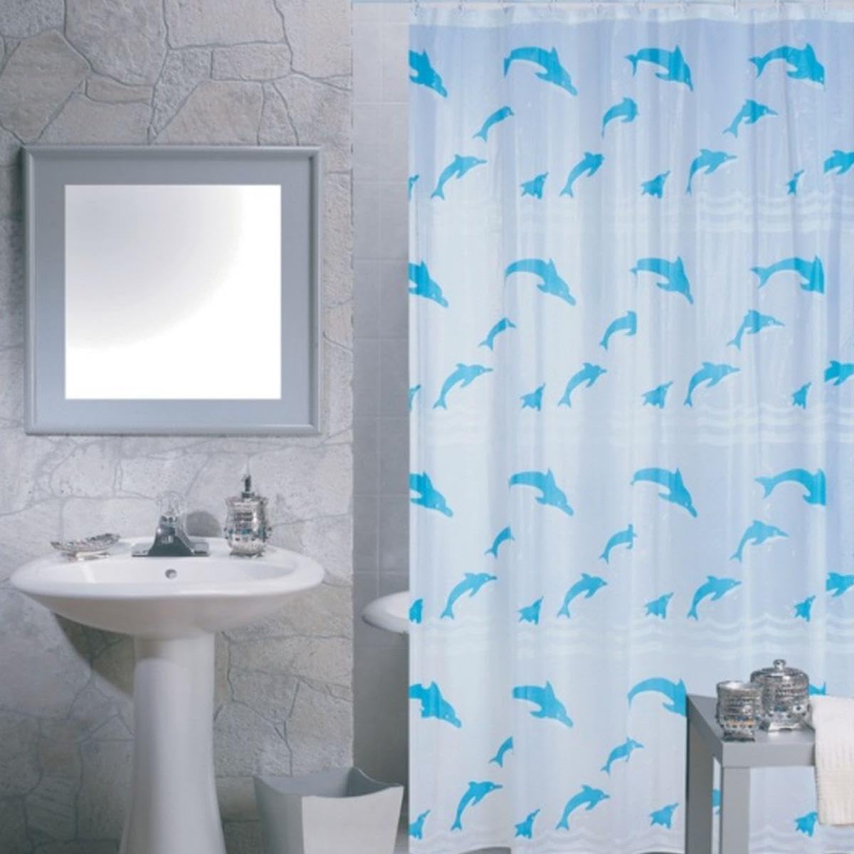 MSV Cortina de Ducha de plástico PVA 180x200 cm, diseño de Delfines Azules y Blancos - Anillas Incluidas