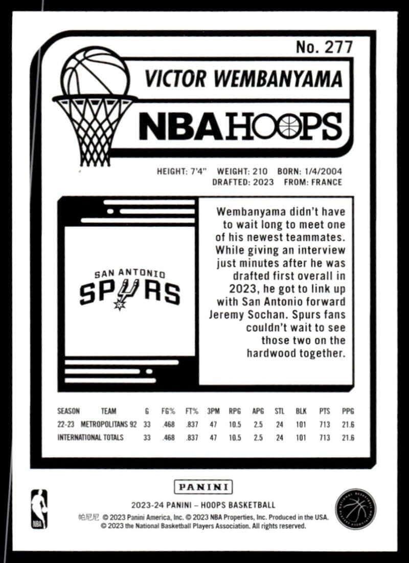 2023-24 NBA Hoops #277 Victor Wembanyama RC Rookie San Antonio Spurs Basketball Trading Card (Stock Photo Shown, Card in Near Mint or Better Condition)