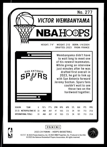 Miniatura 2 de 2023-24 NBA Hoops #277 Victor Wembanyama RC Rookie San Antonio Spurs Basketball Trading Card (Stock Photo Shown, Card in Near Mint or Better