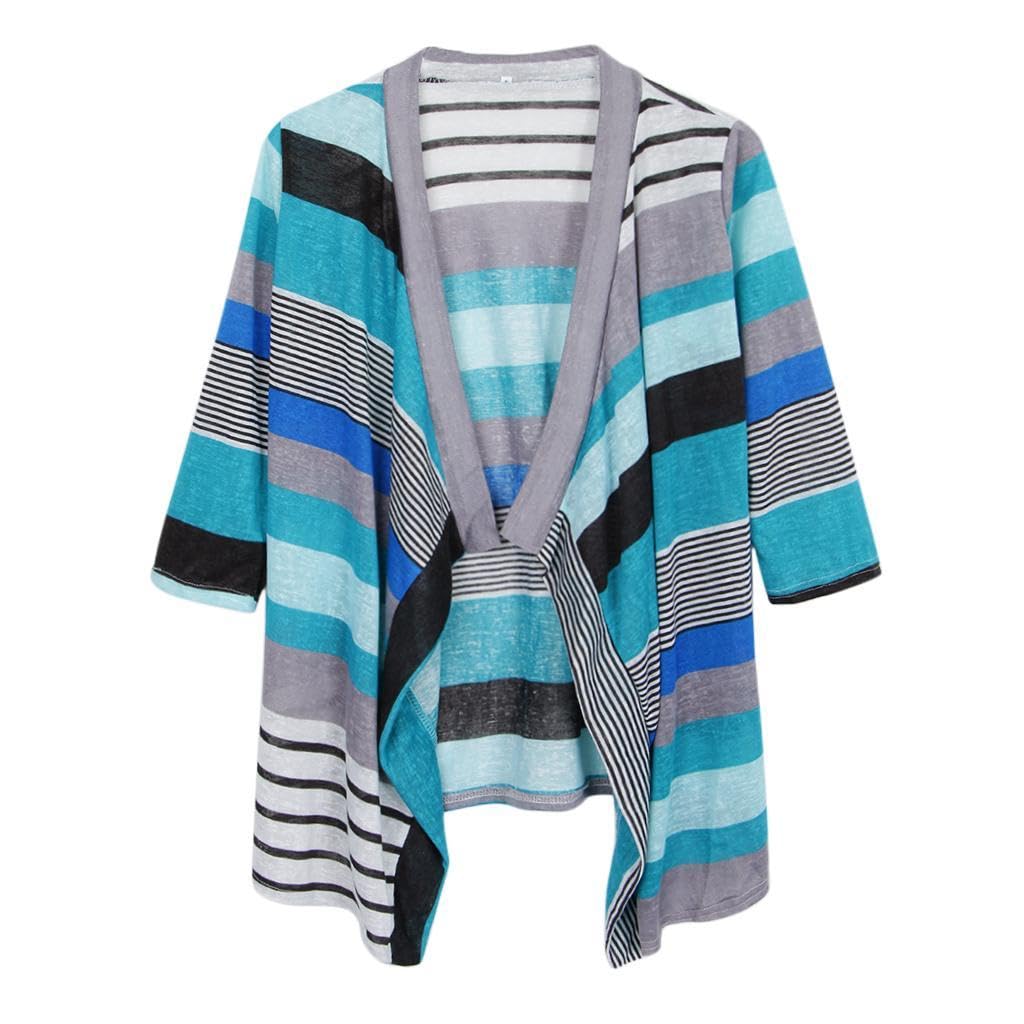 enakshi (label) Women's 3/4 Sleeve Irregular Stripe Open Front Shawl Kimono Cardigan Blue M |Clothing Shoes & Accessories | Womens Clothing | Sweaters-picture-18