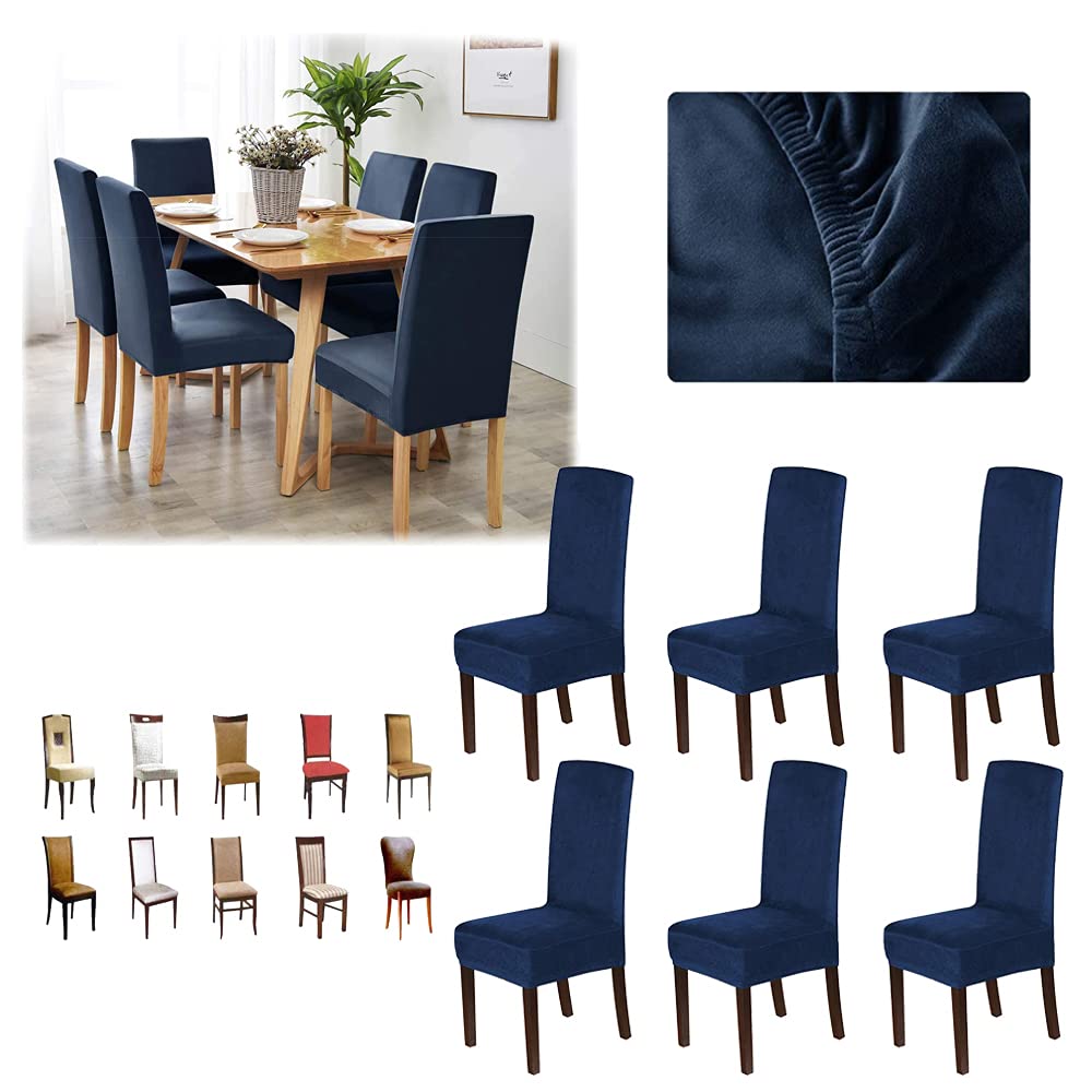 D&D EM Velvet Dining Chair Covers Stretch Chair Covers for Dining Room Set of 4/6 Parson Chair Slipcovers Chair Protectors Covers Dining, Soft Thick Solid Velvet Fabric Washable (Navy,6 Pack)