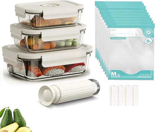 17 recipientes de vidrio borosilicato para almacenamiento al vacío de alimentos, sellado al vacío, herméticos, almacenamiento de cocina en despensa,