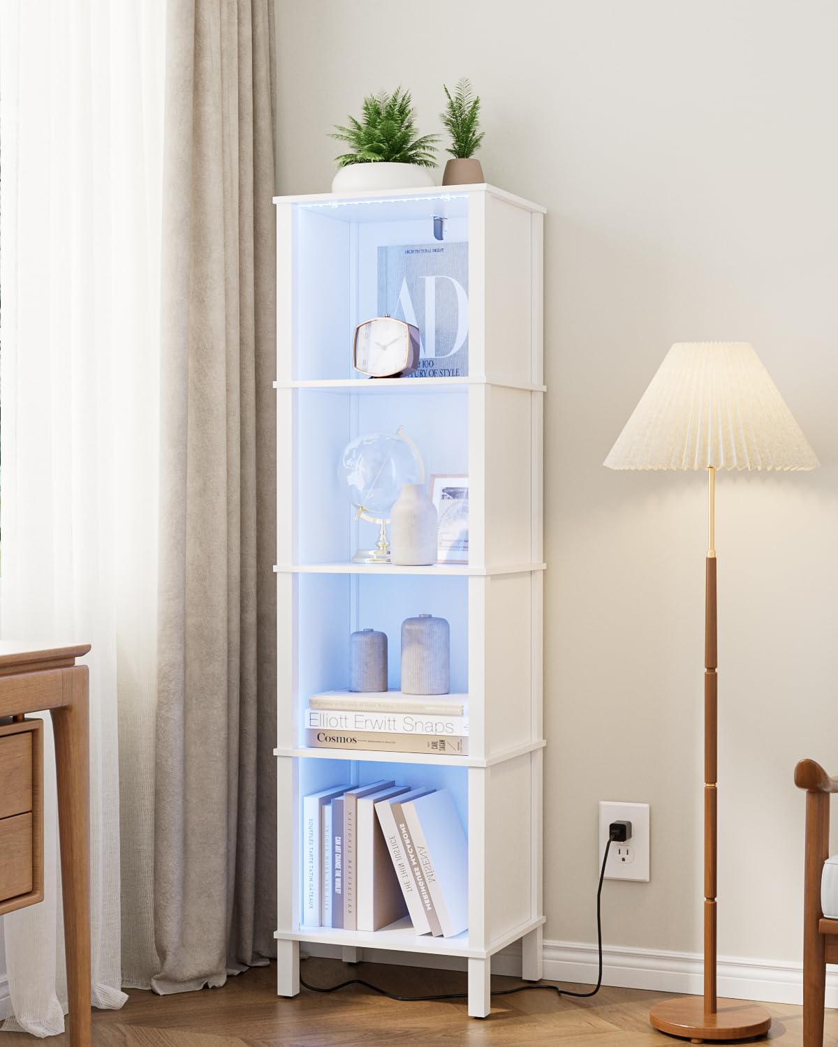 Photo 1 of Apetaccat Bookshelf with LED Lights, Modern 4-Tier Bookcase, Open Storage Book Shelf, 11 × 14.2 × 50.4 Inches, Small Narrow Bookshelves for Living Room, Home Office, Bedroom, White