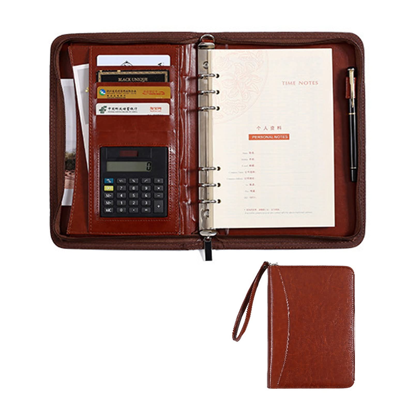 Portfolio A5 Porte Document Conference Folder Multifonctionnel Portefeuille Dossier Avec Blocnotes Et Calculatrice Pour Femmes Hommes Réunion Bureau(Brown)