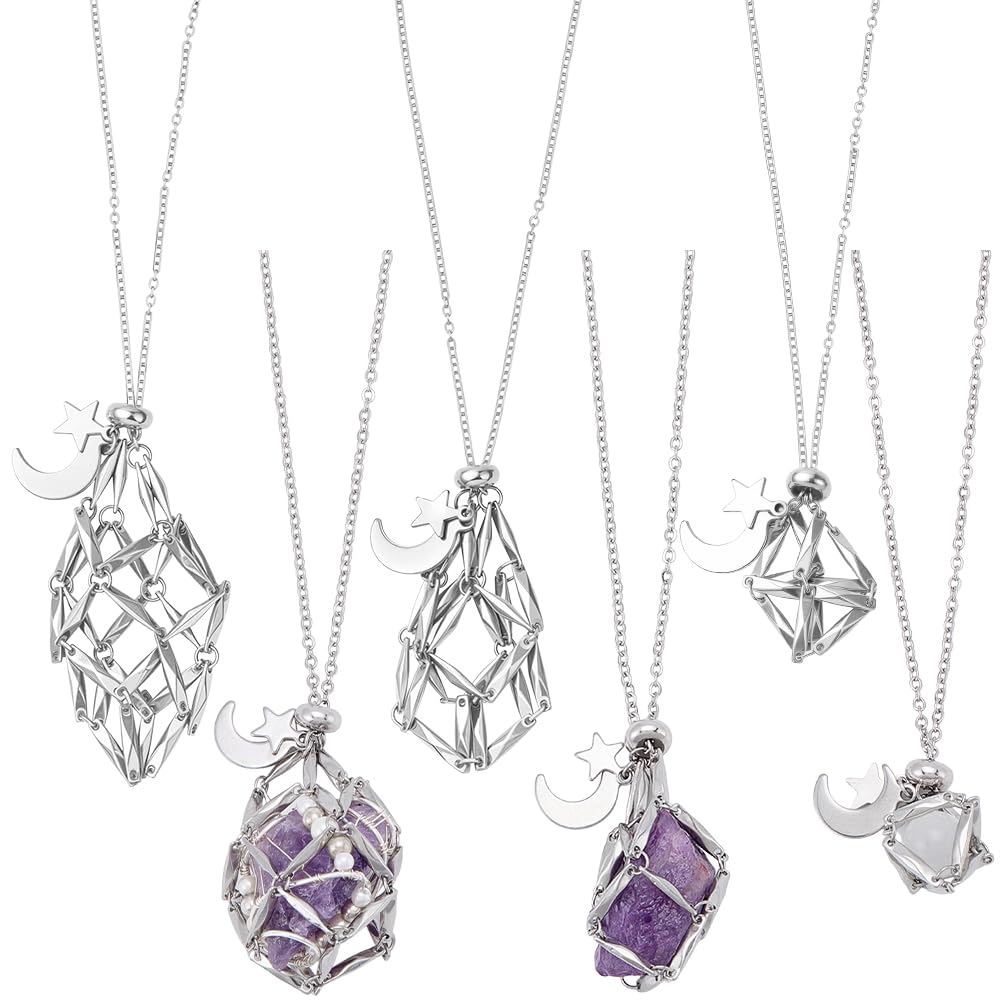 SUNNYCLUE 1 Box 6Pcs Stone Holder Necklace Crystal Cage Necklace Silver Stainless Steel Cord Empty Gemstone Replacement Pendant Chains for DIY Jewellery Making Crafts DIY Accessories Women Men Adults โ image 1
