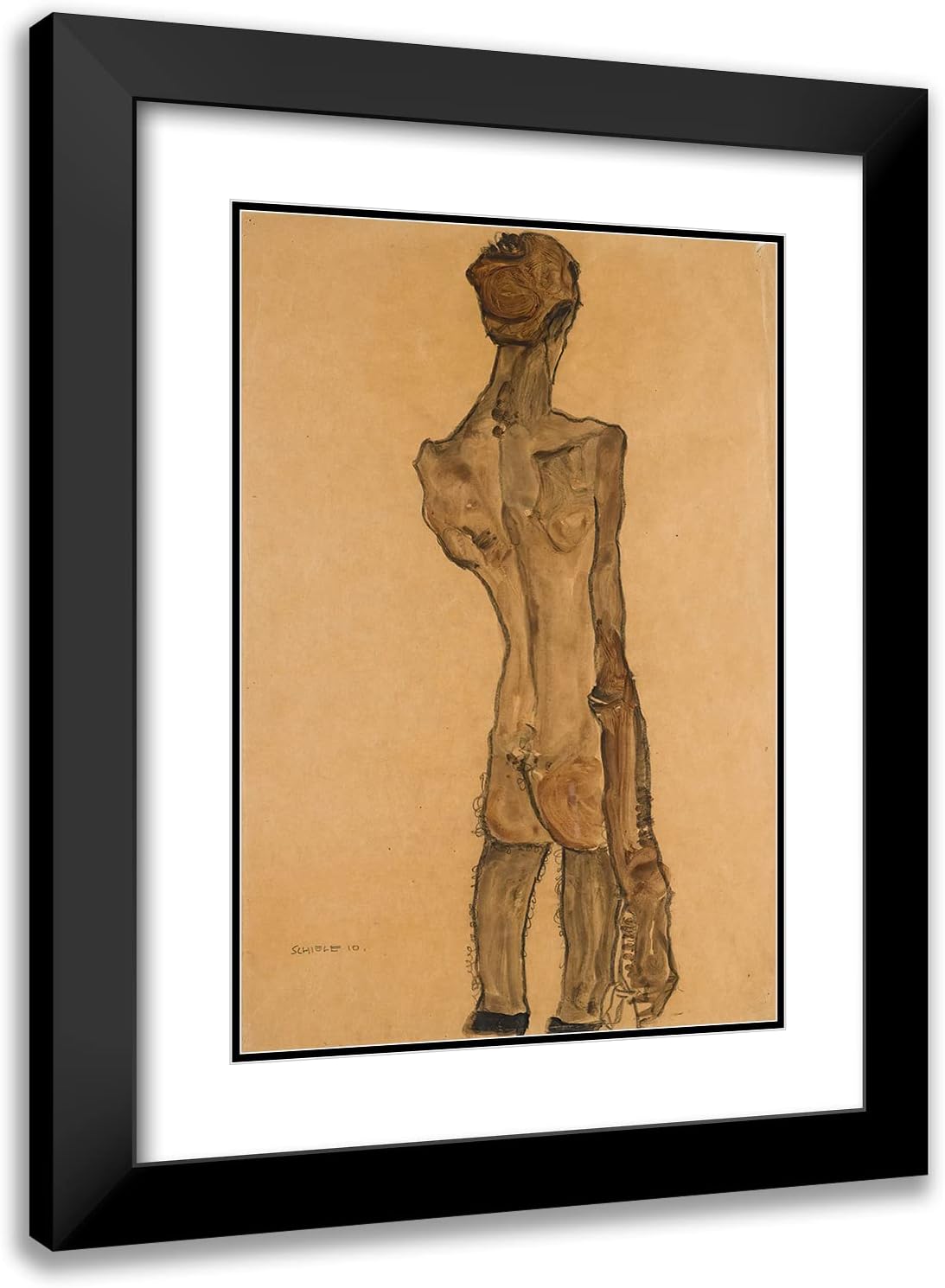 ArtDirect Egon Schiele 18x24 Black Modern Frame and Double Matted Museum Art Print Titled - Standing Male Back Act (Standing Male Nude, Back View) (1910)