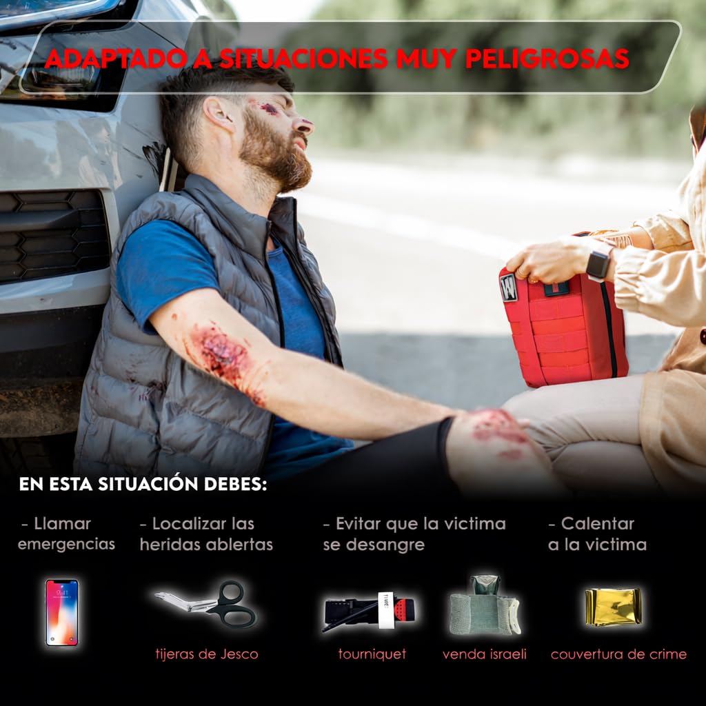 WONCROW ® Botiquin de Primeros Auxilios Completo - Accesorios de Camping Viaje Coche Moto - Kit Supervivencia con Tiritas Gasas Estériles Tijeras Enfermeria Sutura y Herramientas Militar Viajes Camper