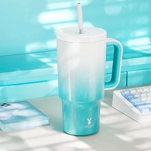 Miniatura 8 de Meoky Vaso de 30 onzas con asa, vaso con tapa y popote, taza de viaje de acero inoxidable aislada, 100% a prueba de fugas, apto para portavasos,