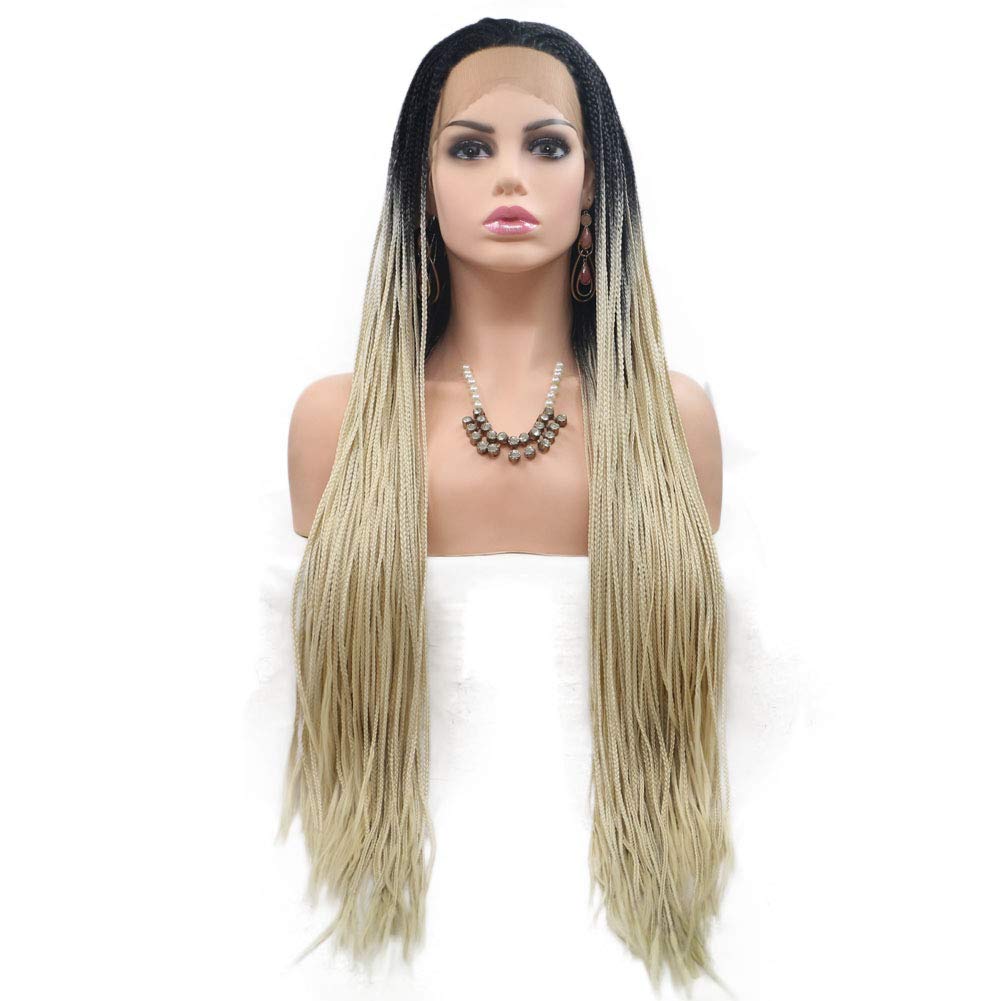 Kalisa Ombre Blonde Wigs Long Braids Lace Front Wigs Synthetic Braided Hairstyle Black to Blonde Color Braided Wigs Hand Tied Heat Resistant Fiber Wigs with Baby Hair