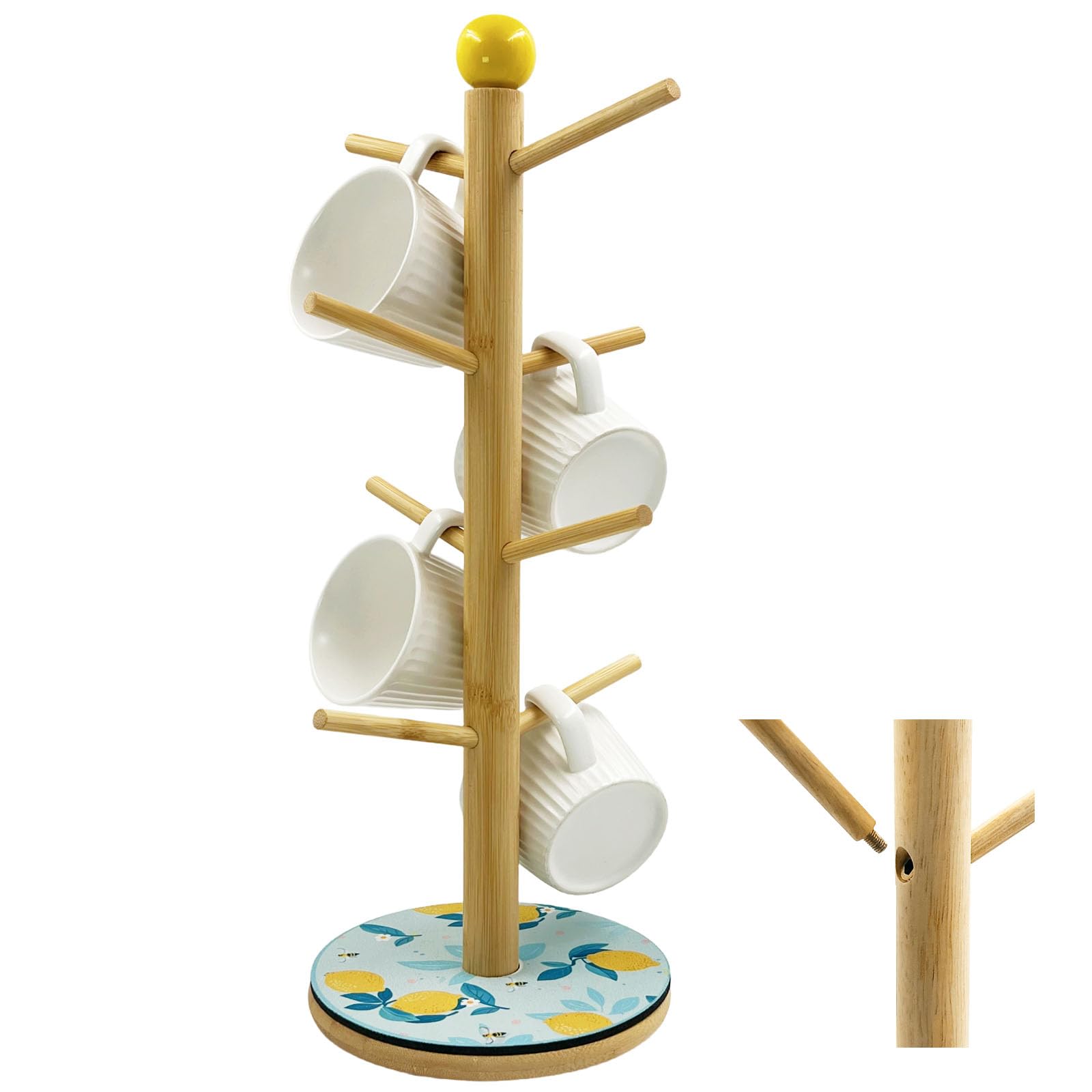 SNAIL GARDEN Screwed-in Wooden Mug Tree, 8-Cup Holder with Absorbent Mat & Ceramic Handle,Space-Saving Countertop Coffee Cup Stand Mug Tree Organiser with 8 Hooks