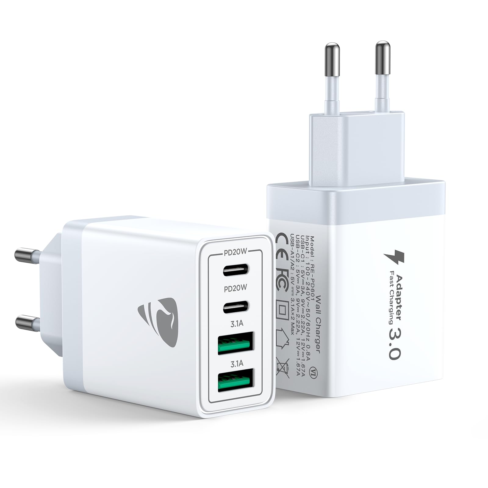 2 Pack Caricatore USB C,40W 4Porte Presa USB Multipla Spina USB Ricarica,Muro Caricabatterie Rapido per Samsung S24 S23 iPhone 16 15 14 13 12 11 Pro Max XS iPad,Carica Rapida Alimentatore Adattatore