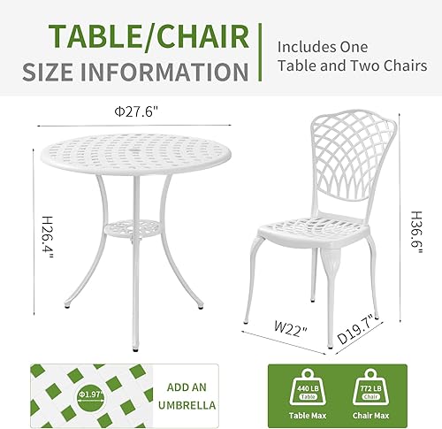 Miniatura 5 de Bistro - Juego de 3 mesas y sillas de bistró al aire libre con agujero para sombrilla de 1.97 pulgadas, juegos de muebles de patio de aluminio