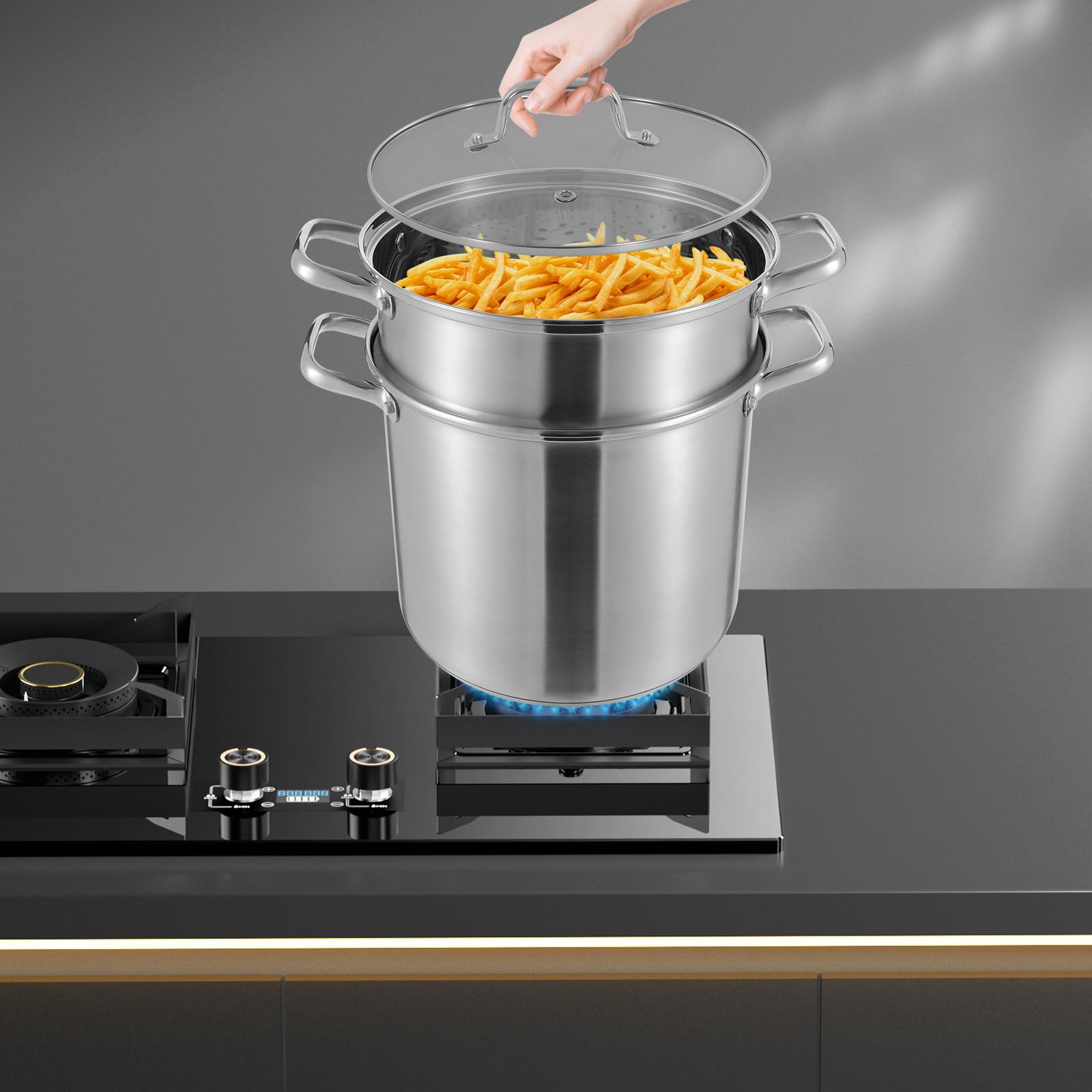 Pentola per asparagi e pasta, 8 l, Ø 28 cm, con coperchio in vetro, altezza 36 cm, con colino per pasta, patate, verdure