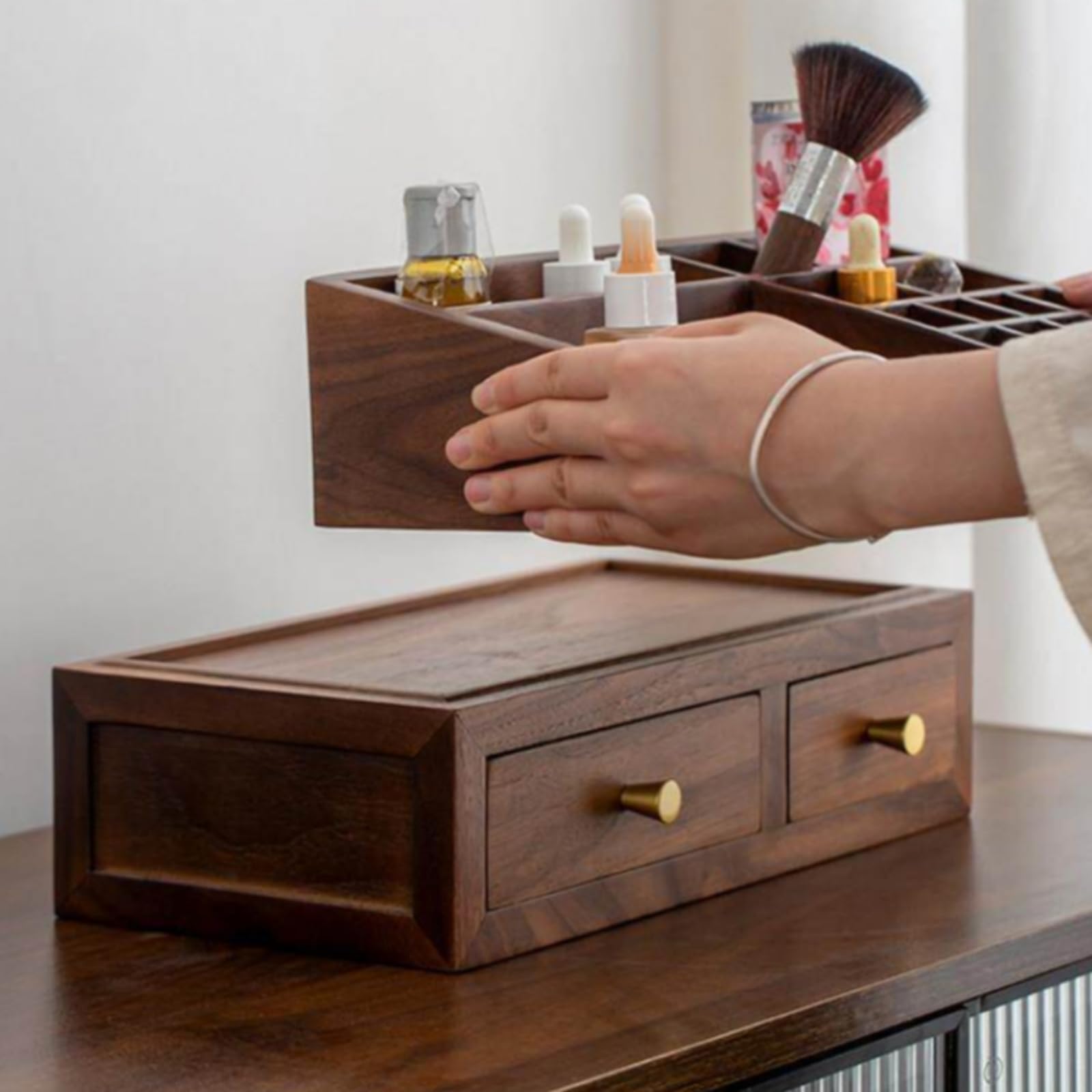 Armario de Cosméticos Organizador Caja Tocador Cajón Madera Latón con Compartimentos y Diseño Compacto Adecuado para Dormitorio Tocador Oficina