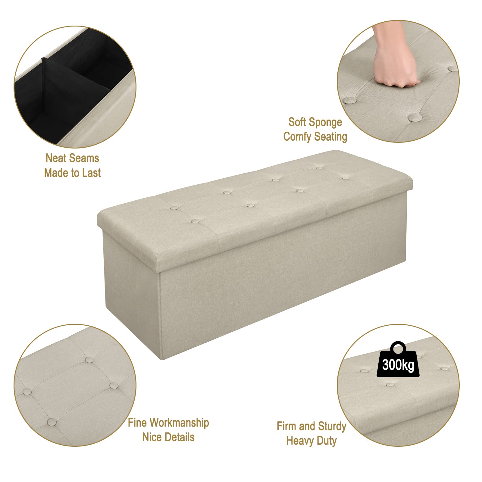 WOLTU Taburete con Espacio de Almacenamiento Caja de Tapa extraíble, Resto de Lino tapizado, 110x37,5x38 CM, Beige,