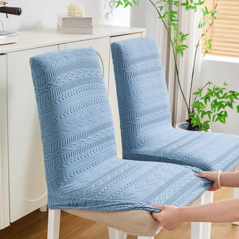 Image of HOMETHREADS Elastic Jacquard Chair Cover Stretch Removable Washable Short Dining Chair Cover Protector Seat Slipcover (Blue, Pack of 2)