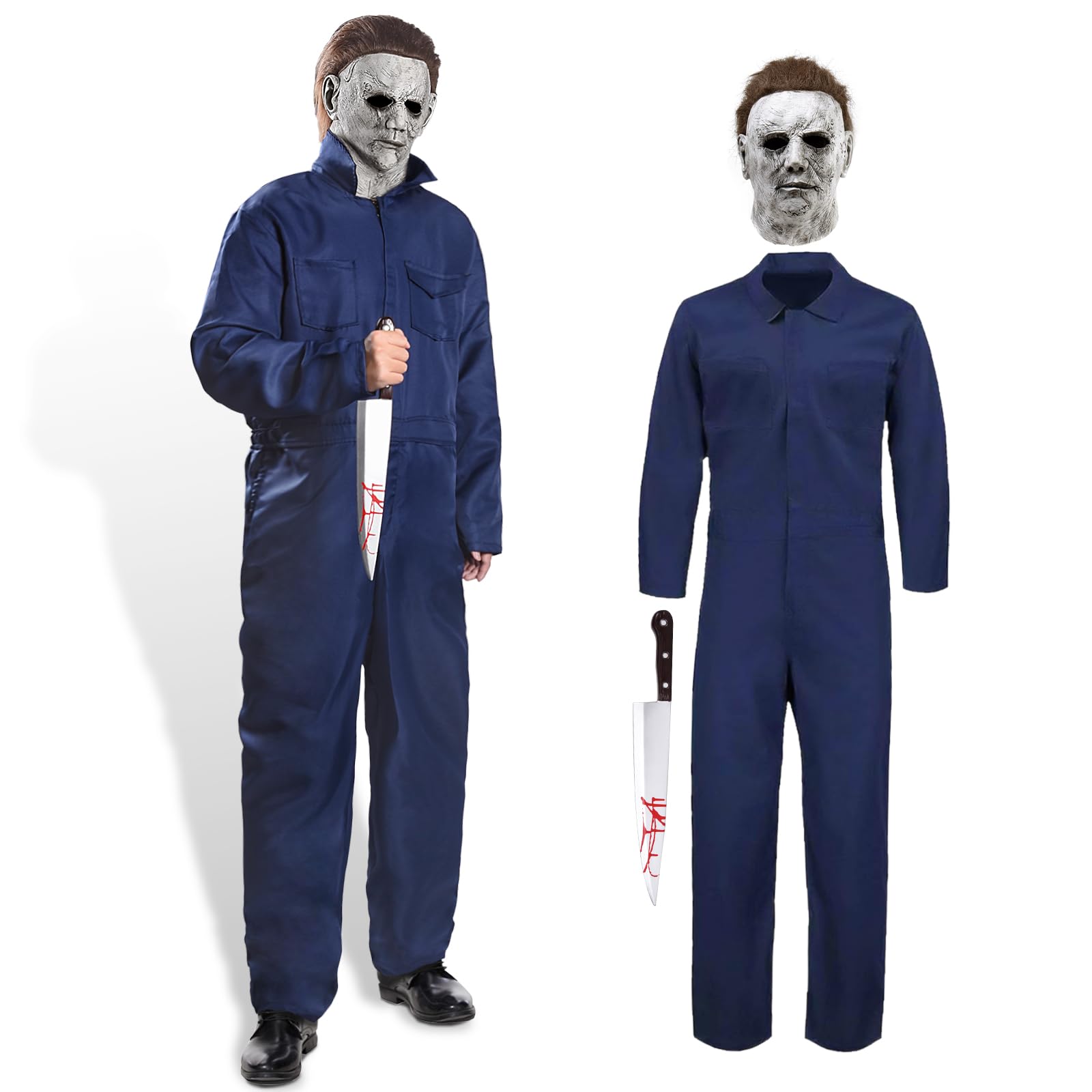 UlikeyHalloween Michael Myers Costume Mask Set, Halloween Kills Scary Cosplay Costume for Adult mit Michael Myers Masks und Michael Myers Jumpsuit Uniform Coveralls Props