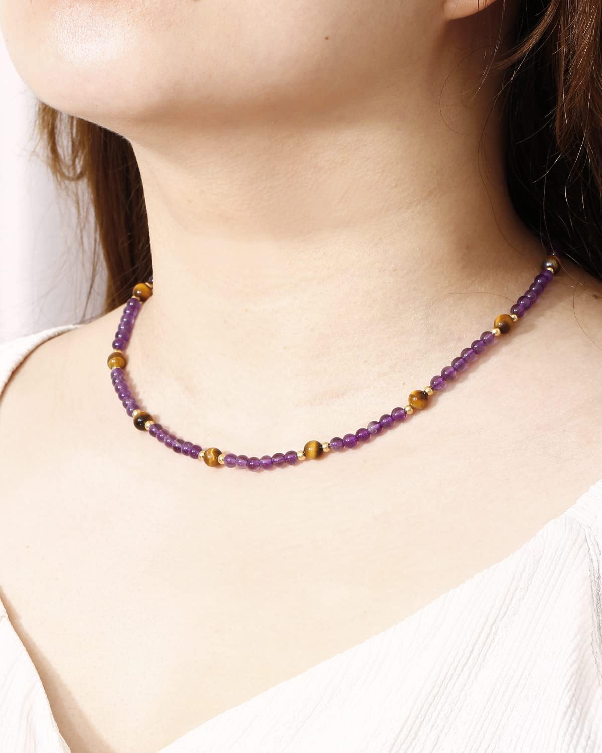 Amethyst with Tiger Eye Stone Crystals Necklace for Women Strand Necklaces Jewelry for women Reiki Jewelry Gifts