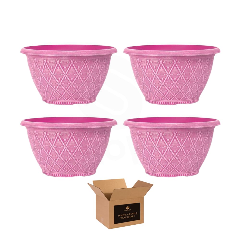 Shopior Raspberry Pink - Pack 4 Prisma Bowl Planter 25Cm (10 Inch) 4L | Decorative Round Plastic Plant Pot For Indoor & Outdoor Use, Weatherproof Garden Decor Flower Pot For Herbs & Small Plants (Raspberry Pink - Pack 4)