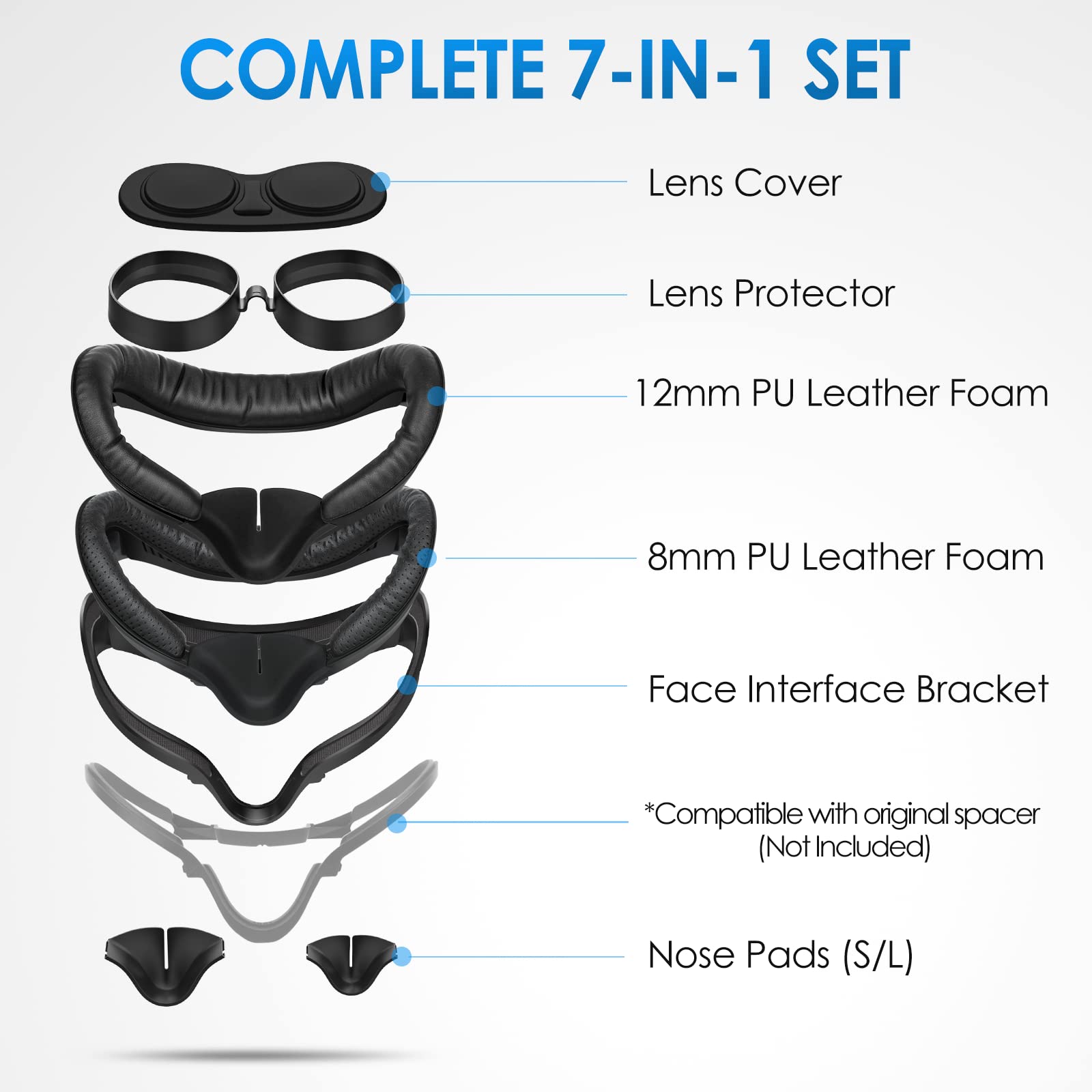 SUPERUS Interfaccia Facciale per Oculus/Meta Quest 2 Accessori (Versione Aggiornata), con 2 Sostituzione Della Schiuma, Nasello Anti Luce, Protezione Lenti e Distanziatore per Occhiali (Kit 7 in 1)