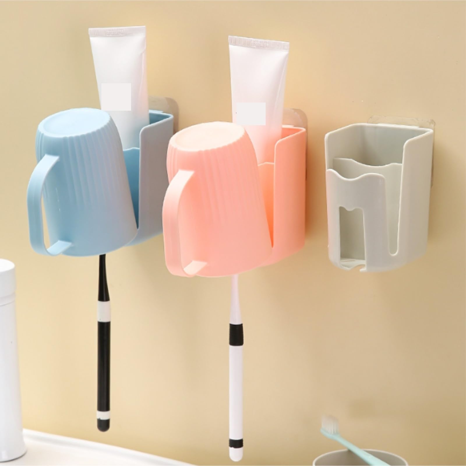 Bagno Porta Portaspazzolino da Bagno Parete con Bicchiere for Spazzolino Senza Foratura Spazzolino Accessori(Pink)