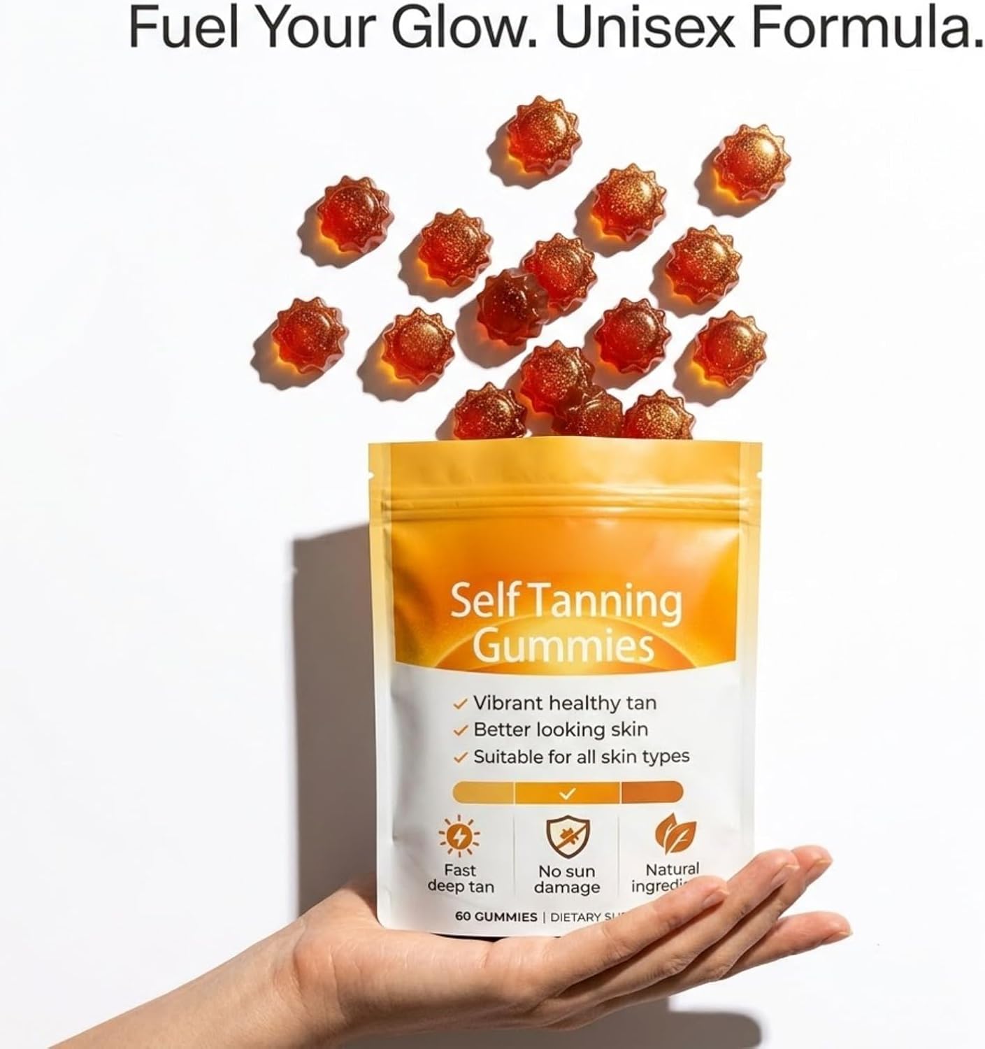 Tanning Gummies, Sunless Tanning Supplement with Astaxanthin, Beta-Carotene, Vitamin C, Turmeric + Mango Extract | Nourishes Skin & Improves Sleep | Vegan & Sugar Free - 60 Count