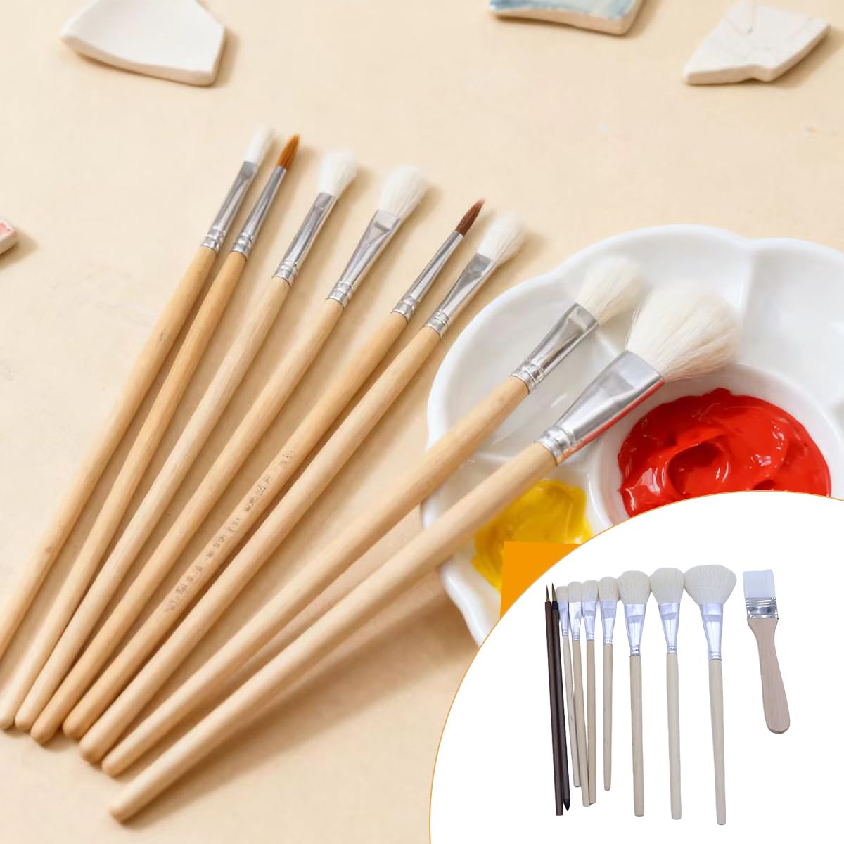 Set di 10 pennelli per smalto in pelo di capra per ceramica - per smalto, sotto smalto, acquerello, olio e acrilico su ceramica