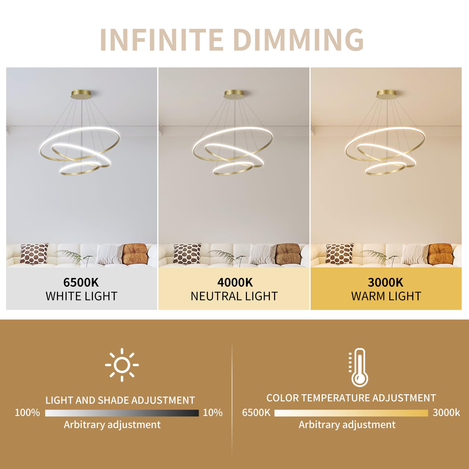 LED-Pendelleuchte, dimmbare Acryl-3-Ring-Pendelleuchte, moderne goldene Pendelleuchte, Esstisch für Kücheninsel, Esszimmer, Wohnzimmer, Schlafzimmer, Eingangshalle, hängend, 20+40+60 cm, 52 W