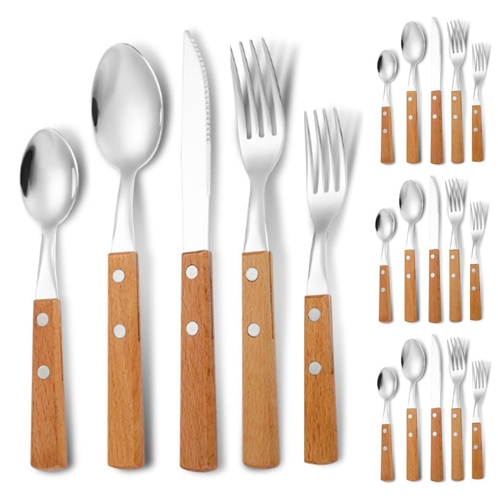 Manico in Legno Massello Cucina Acciaio Inossidabile Posate Stoviglie Posate Coltelli Forchette Cucchiai Set Coltello Da Bistecca Per La Casa Cucchiaio Da Dessert (A,20 pezzi)