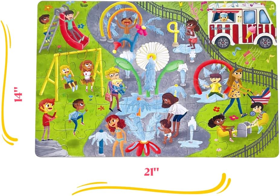 Upbounders Little Likes Kids - Splash Park Jumbo Puzzle, 48 Pieces, Beginner Jigsaw Floor Puzzle with Multicultural Family Children Preschoolers at Play, Age 4-8