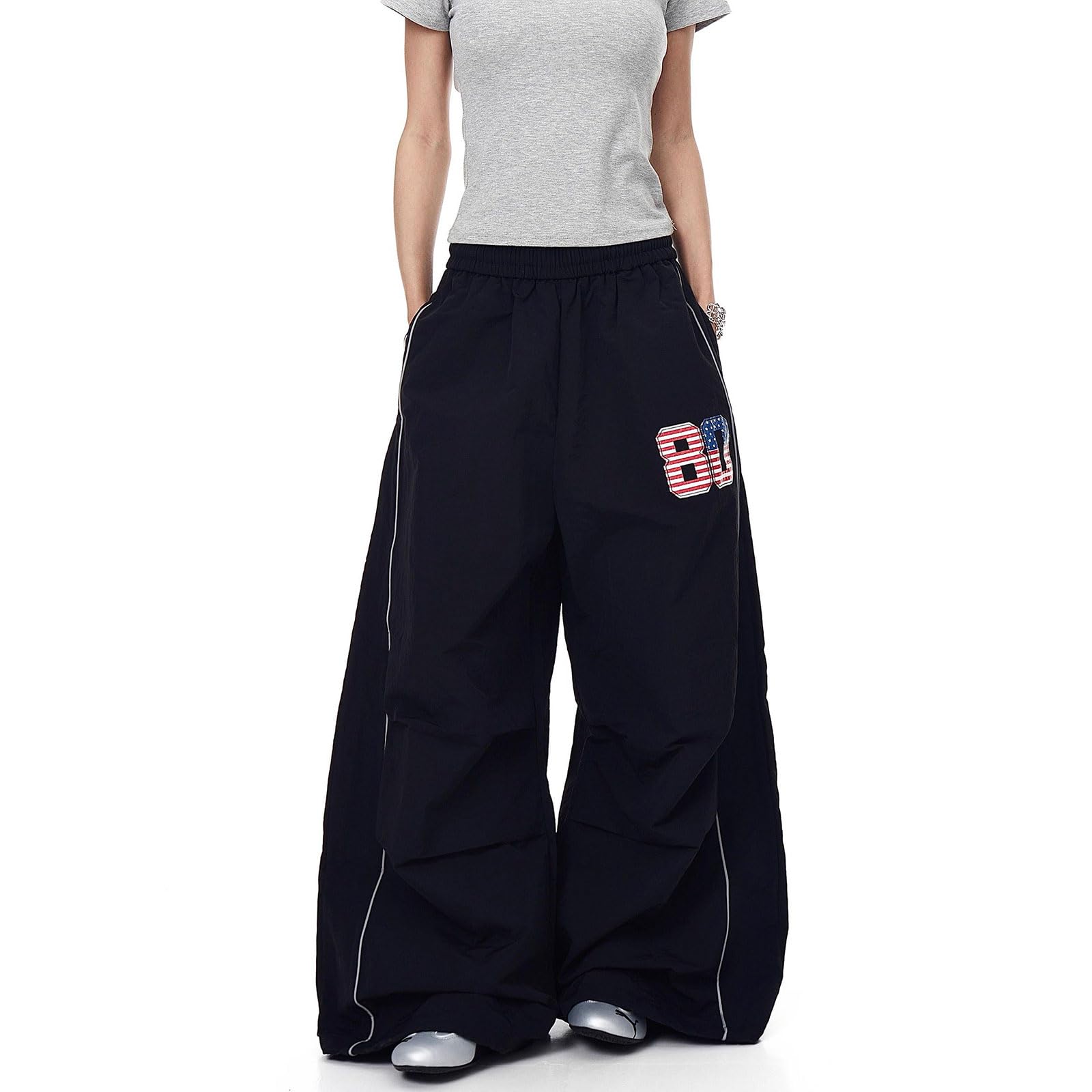 Womens Y2K Baggy Wide Leg Cargo Parachute Pants Reflective Streetwear Hip Hop American Retro Floor Length