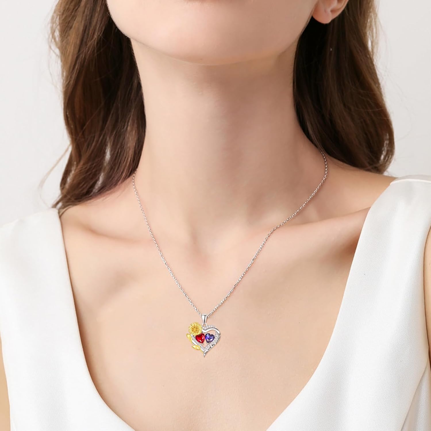 AENEAS Valentines Day Gifts for Women Sunflower Necklace for Women 925 Sterling Silver Sunflower Garnet Sapphire Heart Pendant Necklace You Are My Sunshine Jewelry Anniversary Birthday Gifts for Mom Wife Her - Image 4
