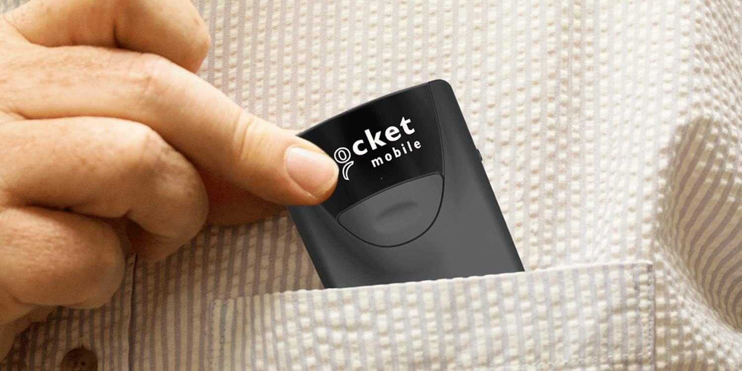 The Socket Mobile S840 barcode scanner partially visible in a shirt pocket, demonstrating its compact size.