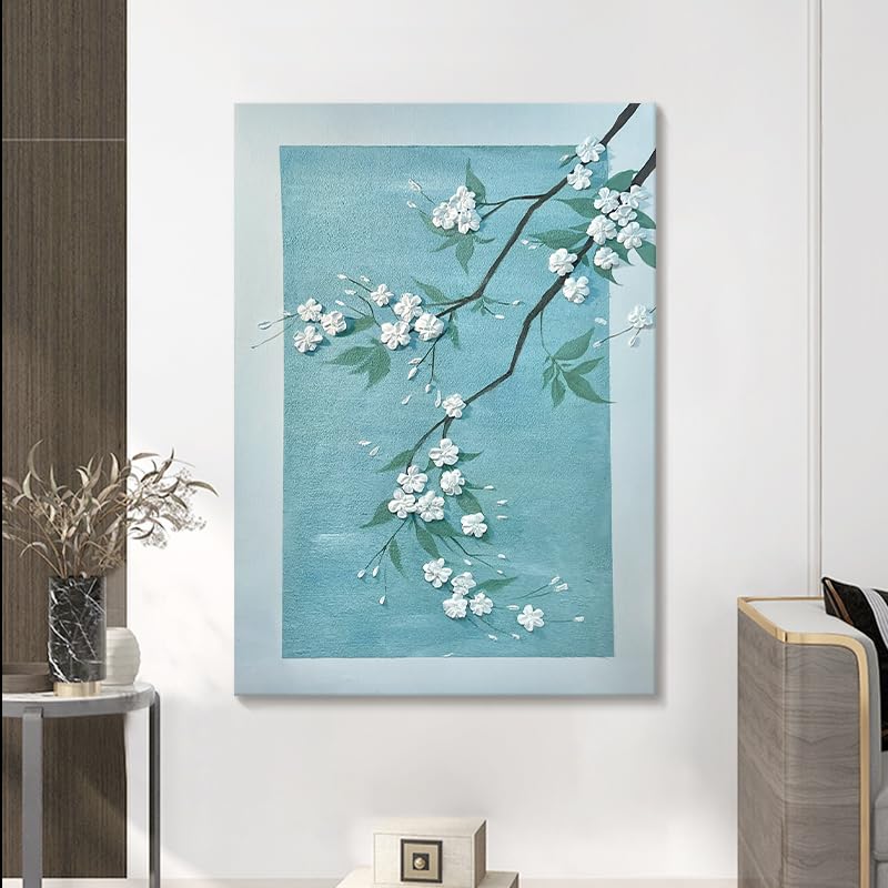 Tableau sur toile de salon fleurs de pêcher bleu peinture à l'huile pour décoration murale