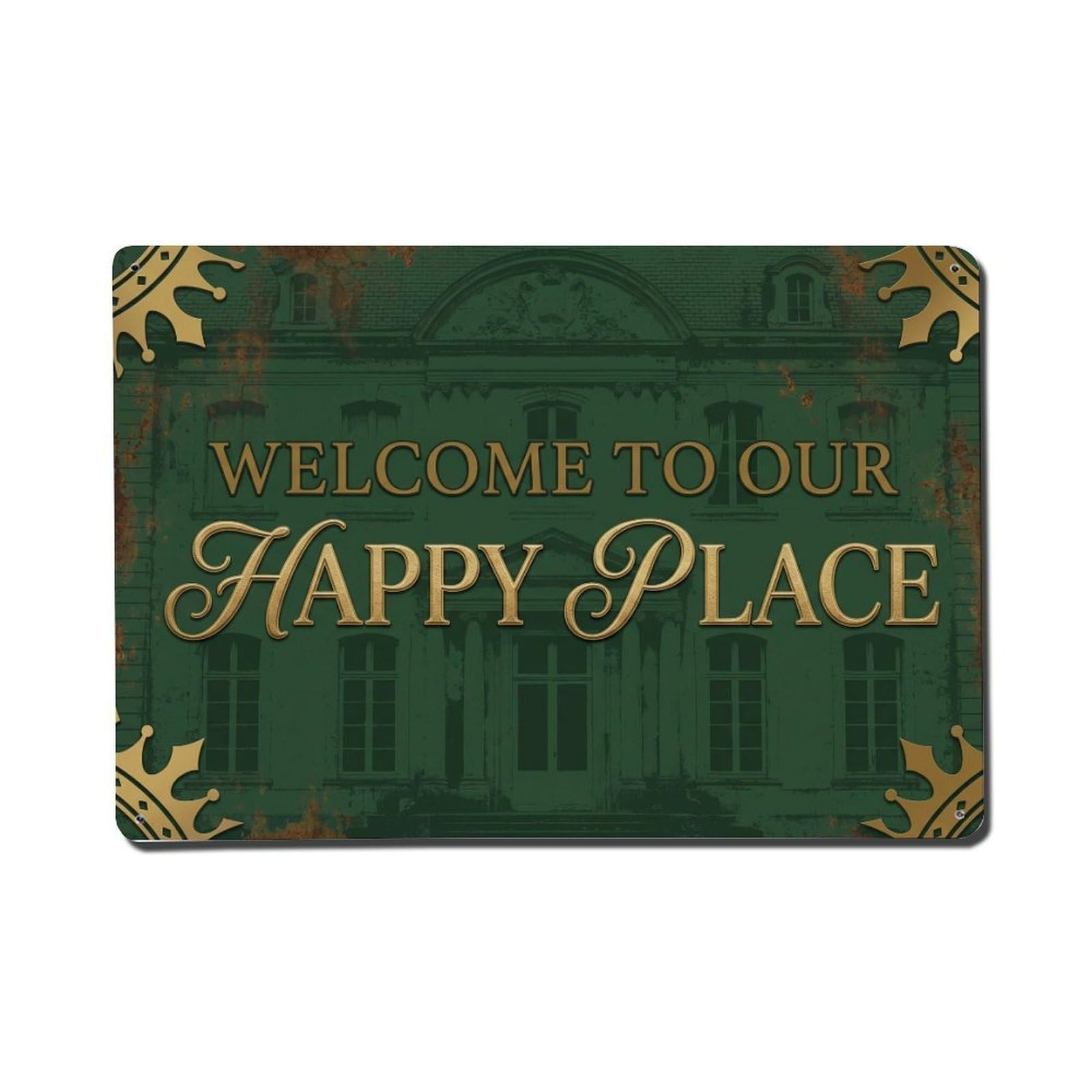 Welcome To Our Happy Place Manor Estate Metal Tin Sign Plaque Wall Decor for Cafe, Club Bar, Office, Home Garden Metal Poster 8x12Inch