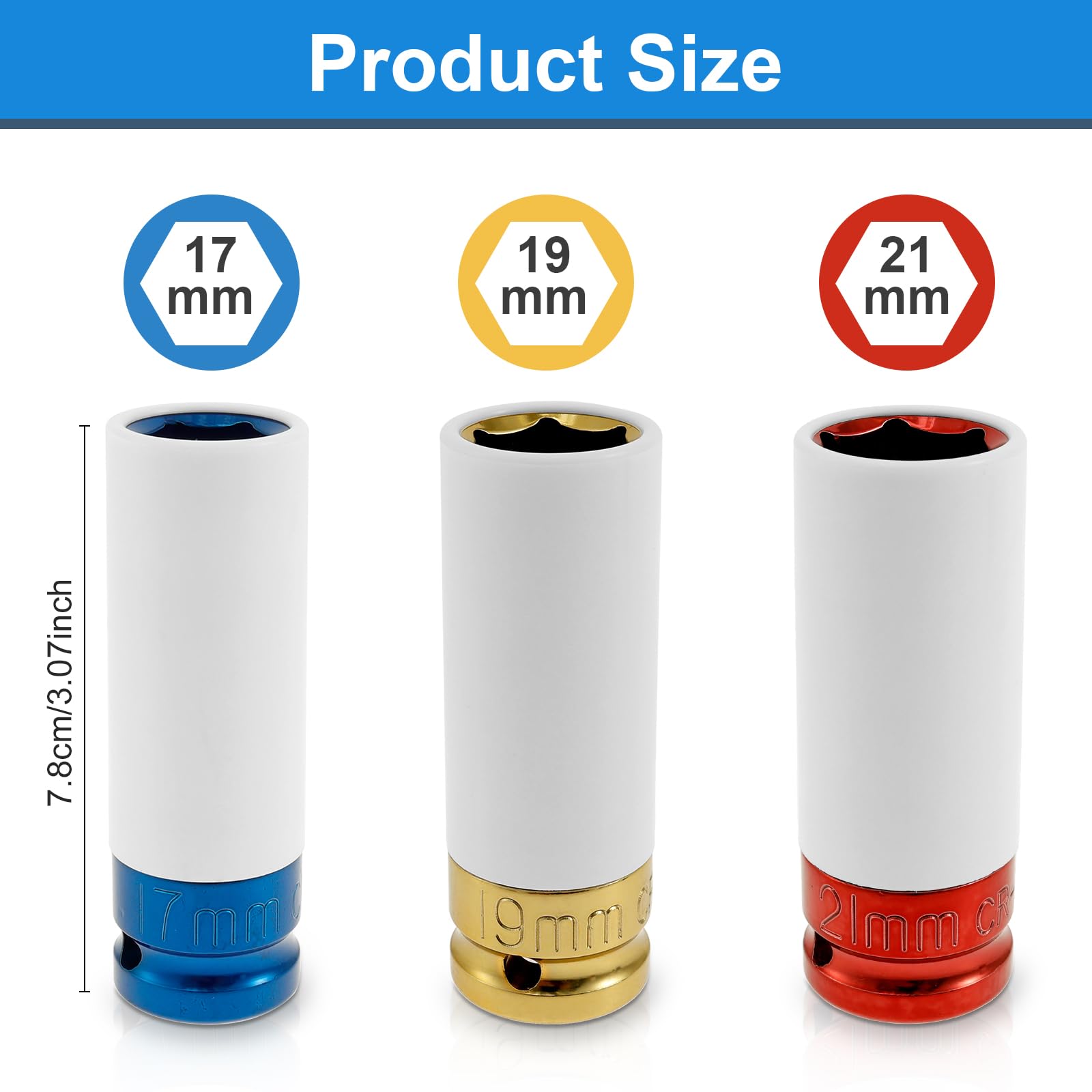 Set di chiavi a bussola da 1/2", set di chiavi a percussione metriche da 15, 17, 19, 21, 22 mm, senza smerigliatura dei dadi delle ruote, in acciaio CR-MO a 6 punti