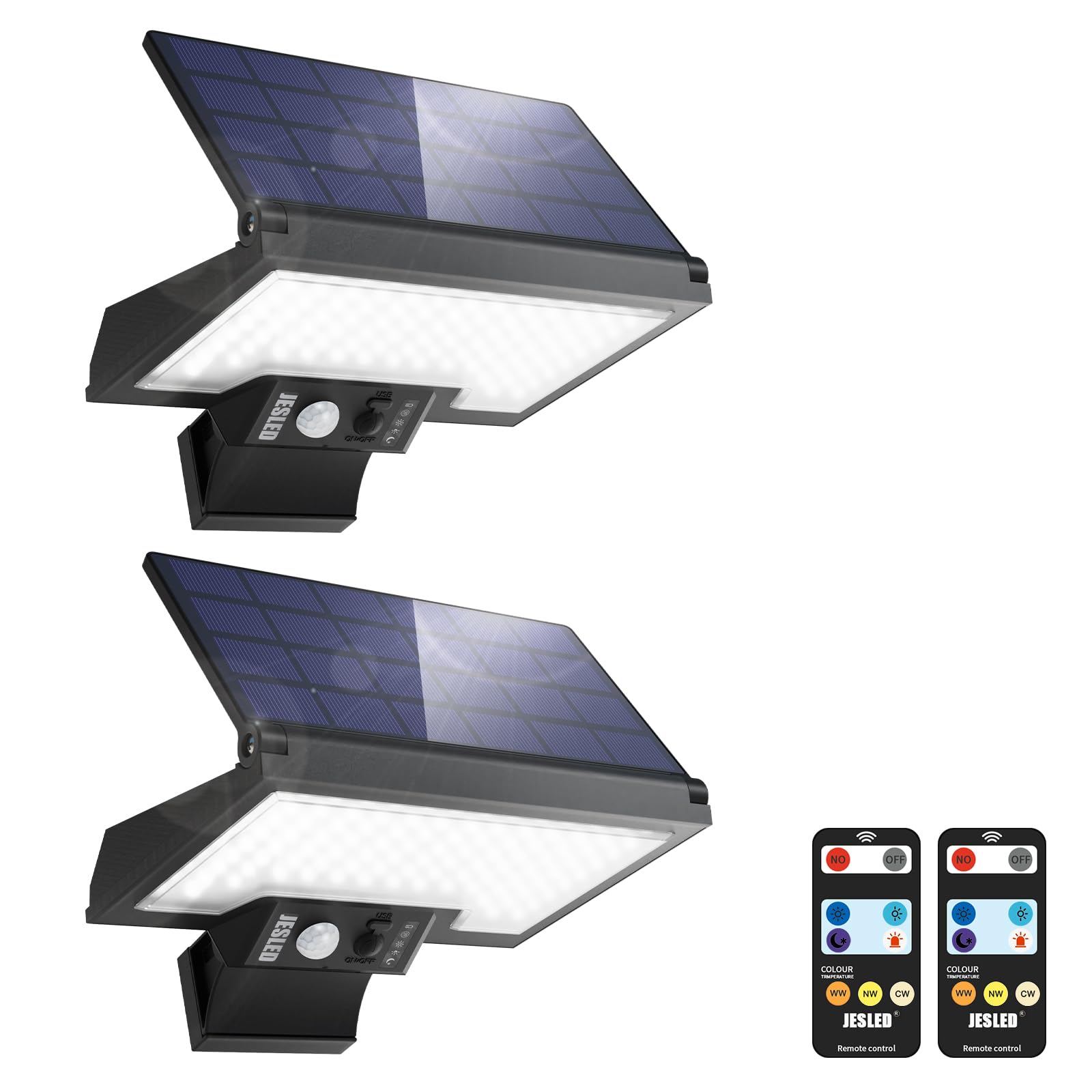 JESLED Solar Security Lights Outdoor Motion Sensor, 108LEDs 3 Color Temperatures 4 Modes Solar Lights Outdoor, Type-C Charging Solar Powered Durable Wall Lights for Patio Yard Pathway Garage, 2Pack