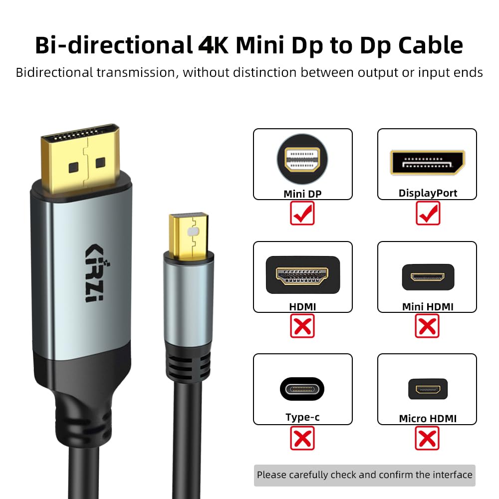 Câble Mini DisplayPort 8K vers DisplayPort 1.4 de 4,6 m, [8K @ 60 Hz, 4K @ 144 Hz, 2K @ 240 Hz] 32,4 Gbit/s bidirectionnel, HDR, G-Sync, Mini DP [compatible Thunderbolt 2] pour ordinateur