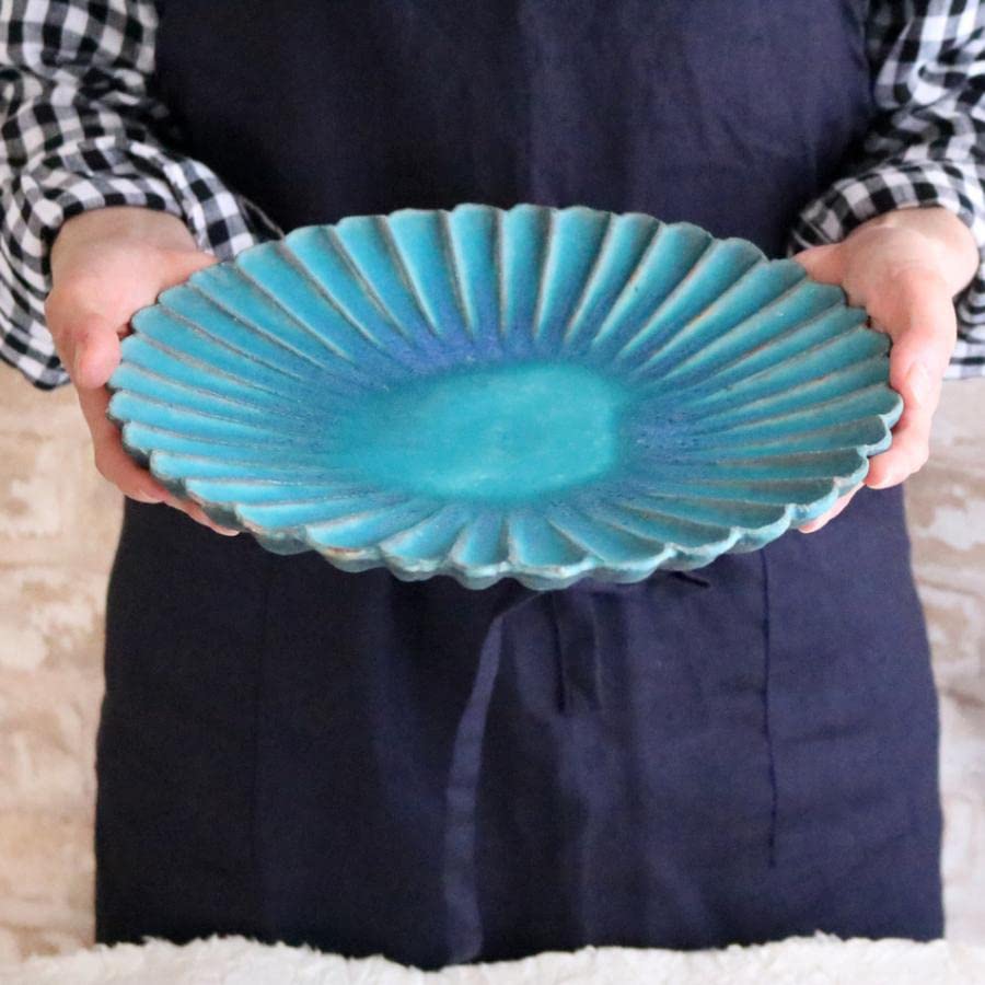 Amazon | 高取焼 高取焼き トルコ青打ち込み輪花皿 大 大皿 プレート皿